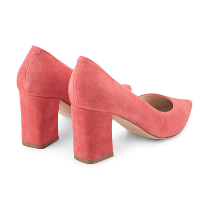 Zala Block Heel Pointy Toe Pump - Medium Pink Suede | Marc Fisher