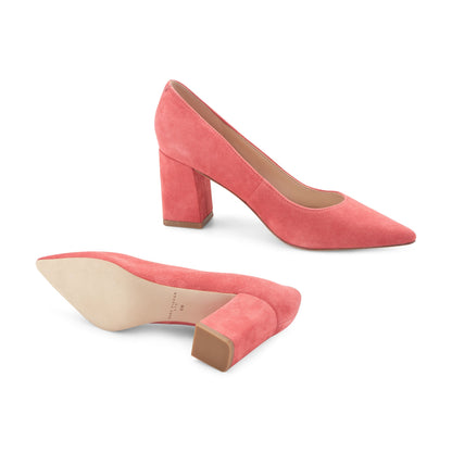 Zala Block Heel Pointy Toe Pump - Medium Pink Suede | Marc Fisher
