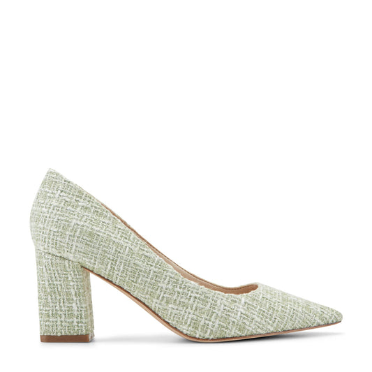 Zala Block Heel Pointy Toe Pump - Green Boucle | Marc Fisher