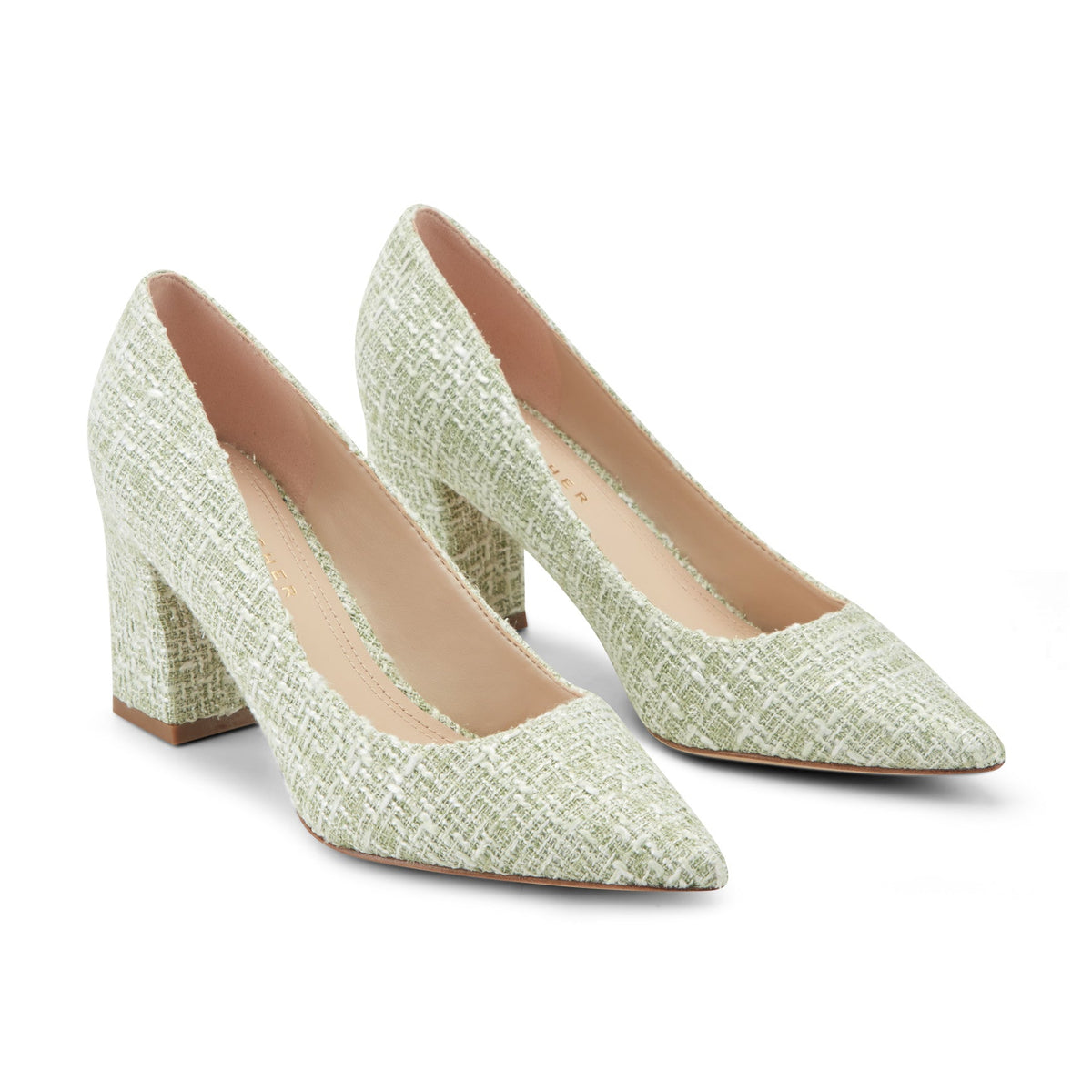 Zala Block Heel Pointy Toe Pump - Green Boucle | Marc Fisher
