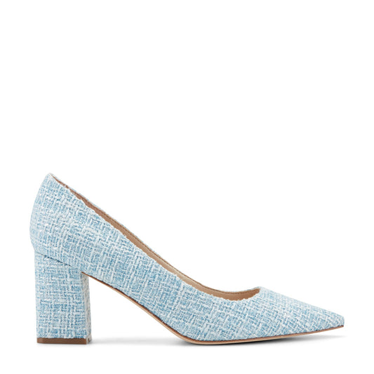 Zala Block Heel Pointy Toe Pump - Blue Boucle | Marc Fisher