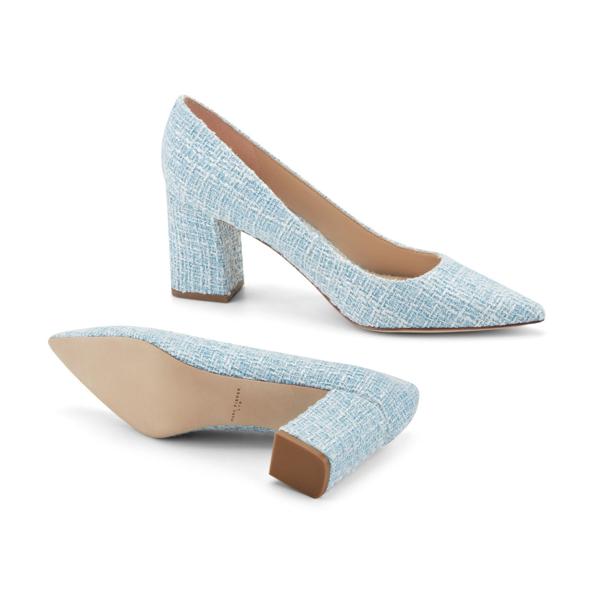 Zala Block Heel Pointy Toe Pump - Blue Boucle | Marc Fisher