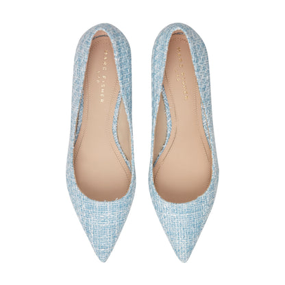 Zala Block Heel Pointy Toe Pump - Blue Boucle | Marc Fisher